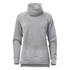 A grey women's cowl neck pullover featuring long sleeves and a relaxed fit. It has a logo on the design.