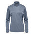 A women's 1/4 zip pullover in grey, featuring long sleeves and a branded logo.
