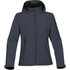 A dark blue women's softshell jacket featuring a zippered front, hood, and multiple pockets. It includes a logo on the sleeve.
