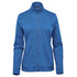 A blue women's performance jacket with a zip-up front and stand-up collar. It features a logo on the upper left side.