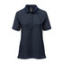 A navy women's polo shirt with a collared neckline and short sleeves, featuring a logo on the chest.