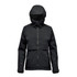 A women's black technical rain jacket with a hood, featuring zippered front and side pockets and a logo.