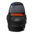A black backpack with multiple compartments, including a padded section for a laptop and a space for a notebook.