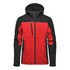 A men's hooded softshell jacket featuring a red and black design, with a front zip and multiple pockets.