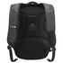 A black backpack with padded back support and adjustable straps, featuring a logo and side pocket.