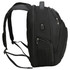 A black backpack featuring multiple zipped compartments and padded shoulder straps, with a logo displayed.
