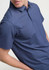 A short sleeve polo in navy blue with a collar and a branding logo.