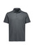 A grey short sleeve polo shirt with a collar and buttons, featuring a logo on the chest.