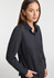 A women's long sleeve shirt in black, featuring a button-down front and a tailored fit, with a branding logo.