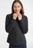 A black women's tailor jacket with a zip front and a quilted design, featuring a high collar and side pockets.