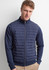 A men's tailored jacket in navy blue, featuring a zip closure and padded front design.