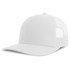 A white trucker cap featuring a solid front and mesh back, with a logo on the front.