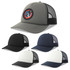 A trucker cap in grey with a logo, accompanied by black, navy, and white variations.