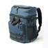 A blue backpack cooler with zippers, straps, and a mesh pocket on the side. It features a sturdy design.