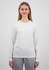 A long sleeve white tee for women displayed on a model, featuring a simple design and a fitted silhouette.