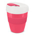 A drink bottle in pink and white, featuring a lid and a branding logo, designed for reusable coffee.