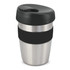A drink bottle featuring a stainless steel body with a black silicone band and a black lid.