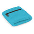 A bright turquoise wrist sweat band with a small zippered pocket. It features a textured fabric finish.