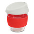 A drink bottle featuring a clear borosilicate body with a red silicone sleeve and a white lid. It has a logo.