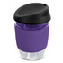 A drink bottle featuring borosilicate glass construction with a purple silicone sleeve and a black lid.