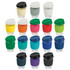 A drink bottle collection featuring various colours, including grey, white, yellow, orange, green, and blue, all with lids.