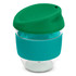 A drink bottle featuring a transparent body with a teal band and a green lid, designed for reusable coffee.