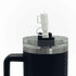 A drink bottle featuring a black exterior, clear lid, and a white nozzle, along with a handle and logo.