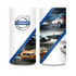 Two cylindrical containers featuring a Volvo logo, primarily white with blue accents and images of various Volvo cars.