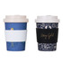 A drink bottle featuring two reusable bamboo coffee cups in blue and patterned black, with screw lids and sleeves.