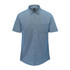 A short-sleeve knit shirt in shades of blue, featuring a button-up front and a chest pocket. It has a logo.