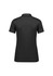 A women's short sleeve polo shirt in black, featuring a collar and rolled sleeves, with a logo on the back.