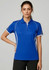 A women's short sleeve polo shirt in blue with white accents and a logo on the chest.