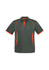 A grey polo shirt with orange accents, featuring short sleeves and a collar, and includes a logo.