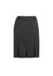 A black multi-pleat skirt with a fitted design and a concealed zipper at the back. It features a waistband and pleats.