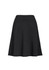A black bandless flared skirt with a smooth waistband, featuring a flowing design and no visible logos.