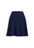 A navy flared skirt with a bandless waist, featuring a zipper closure at the back and a smooth fabric finish.