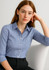A women's button-up shirt featuring a blue and white gingham pattern with 3/4 sleeves and a logo.