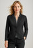 A black women's short jacket with a reverse lapel design, featuring a fitted silhouette and two front buttons.