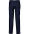 Navy adjustable waist pants with a straight cut and two back pockets, featuring a logo. Ideal for casual or formal wear.