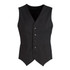 A black men's peaked vest featuring a knitted back, with five buttons and two front pockets.