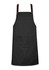 A black apron with brown straps and a front pocket, featuring a logo on one of the straps.