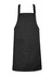 A black apron with adjustable bib straps and a front pocket, featuring a logo at the top.