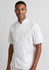 A short sleeve chef jacket in white, featuring a double-breasted design and a logo on one sleeve.