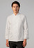 A long sleeve white chef jacket featuring a mandarin collar and a logo on the sleeve.