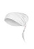 A white chef bandana with a tied design, featuring a logo on the side.