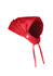 A red chef bandana with ties at the back and a logo on the side.