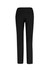A pair of black stretch pants with a sleek design and rear pockets, featuring a logo on the waistband.