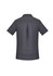 A plain short sleeve shirt in dark grey with a back pleat and collar, featuring a logo.