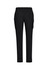 Black straight leg scrub pants featuring side pockets and an elastic waistband. Includes a logo on the waistband.