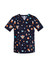 A navy scrub top featuring a space-themed print with planets, rockets, and astronauts. Includes branding.